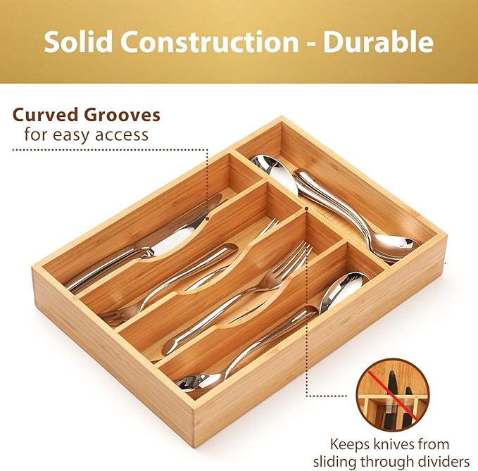 Umilife Bamboo Kitchen Drawer Organizer, 8.25 Inch Silverware Utensils Tray Holder for Small Drawer, Wood Caddy for Flatware Cutlery Knives