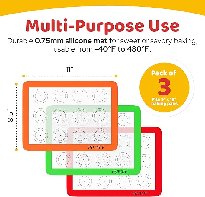 HOTPOP Silicone Baking Mats 0.75mm - Non-Stick Silicone Sheets for Bake Pans and Rolling with Outlines for Pastries - Silicone Baking Sheet - Macaron/Pastry/Cookie/Bun/Bread Making (3 QUARTER SIZE)