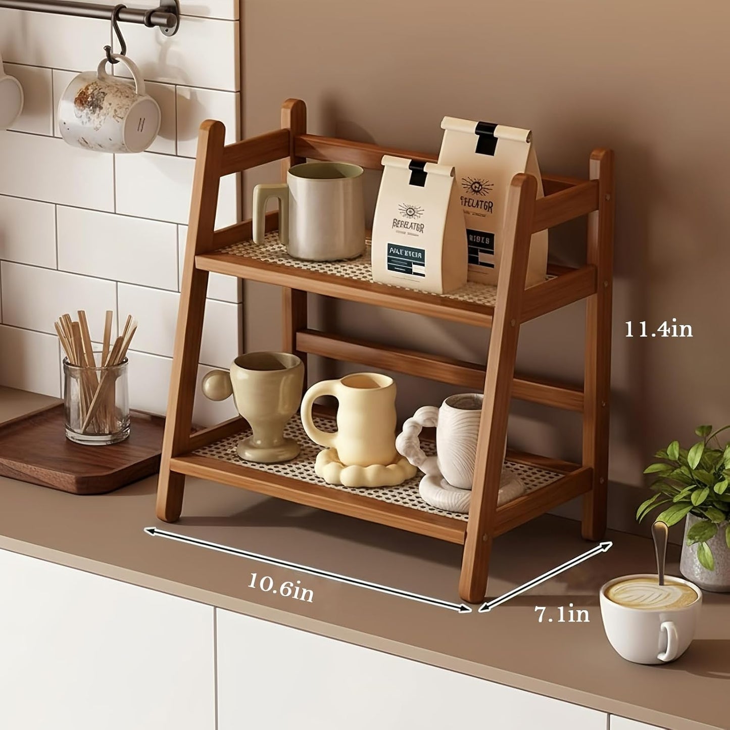 Narrow Mug Holder Countertop, 2 Tier Wicker-Look Tea and Coffee Bar Station Organizer, Bamboo Matcha Stand, Cup Display Shelf, Condiment Storage Rack for Kitchen Counter Cabinet, Brown