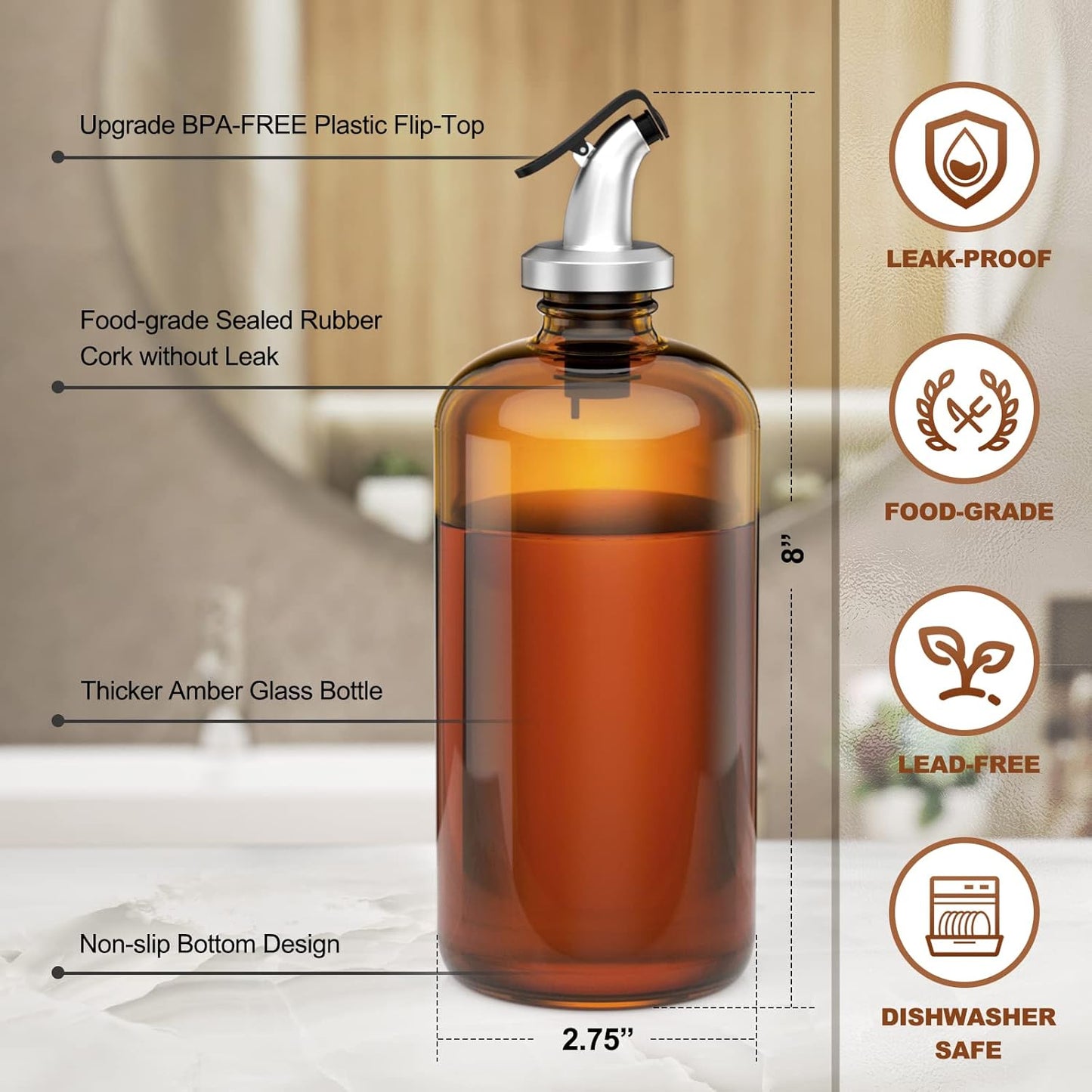 Amber Glass Mouthwash Dispenser with Cup Holder for Bathroom, 16oz Refillable Mouthwash Bottles Container with Tray, Funnel and 2 Waterproof Labels