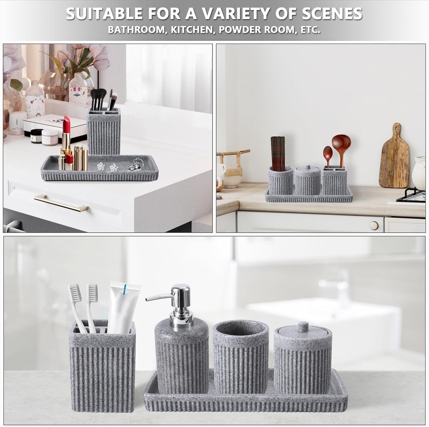 Resin Grey Bathroom Accessories Set 5 Pcs, Lotion Soap Dispenser, Toothbrush Holder, Bathroom Tumbler, Qtip Holder and Vanity Tray, Bathroom Countertop Organizer Set for Modern Home Apartment