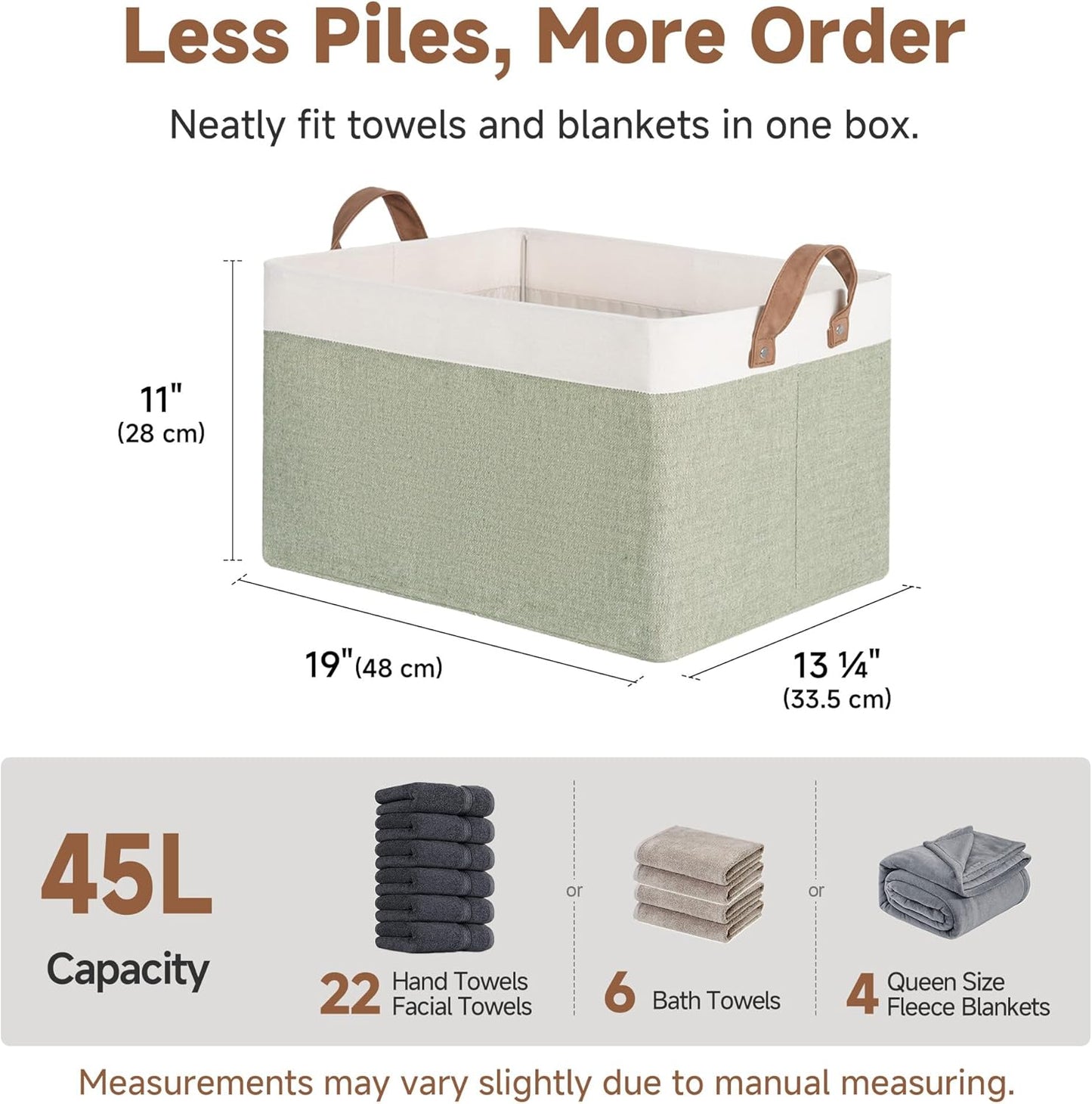 StorageWorks Storage Bins, Fabric Storage Bins for Shelves, Extra Large Storage Baskets with Metal Frame, Closet Baskets and Bins with Handles, Jumbo, Green and White, 2-Pack