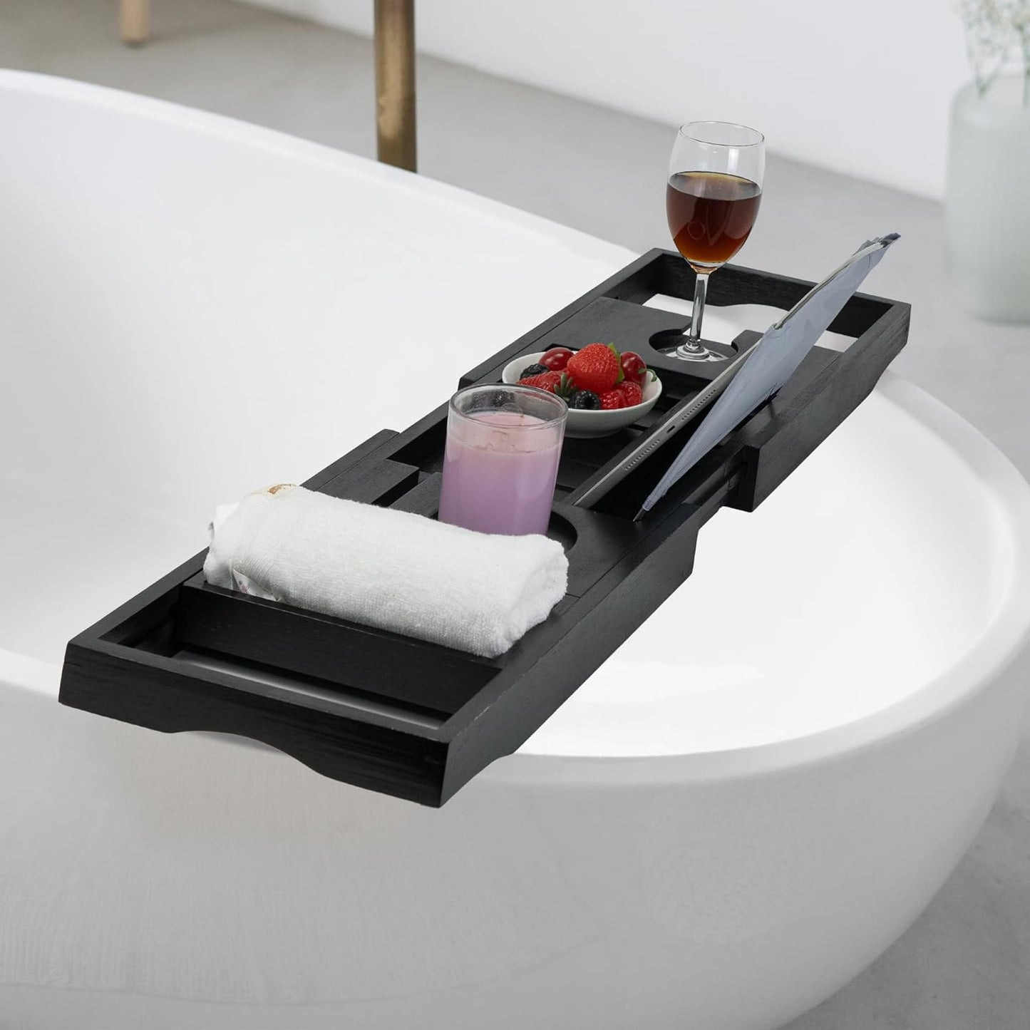 Utoplike Bamboo Bathtub Tray Caddy, Black Bath Tray Table for Tub, Adjustable Bathroom Organizer with Book Tablet Wine Glass Cup Towel Holder