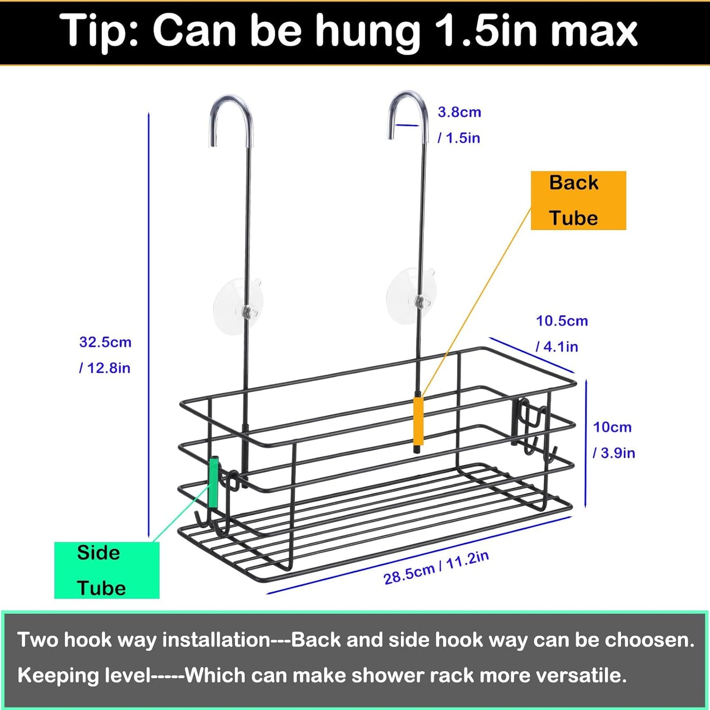Shower Caddy Hanging Shower Orangizer Stainless Steel Shower Rack with Hooks Over The Door, Shampoo Basket Storage (Black)