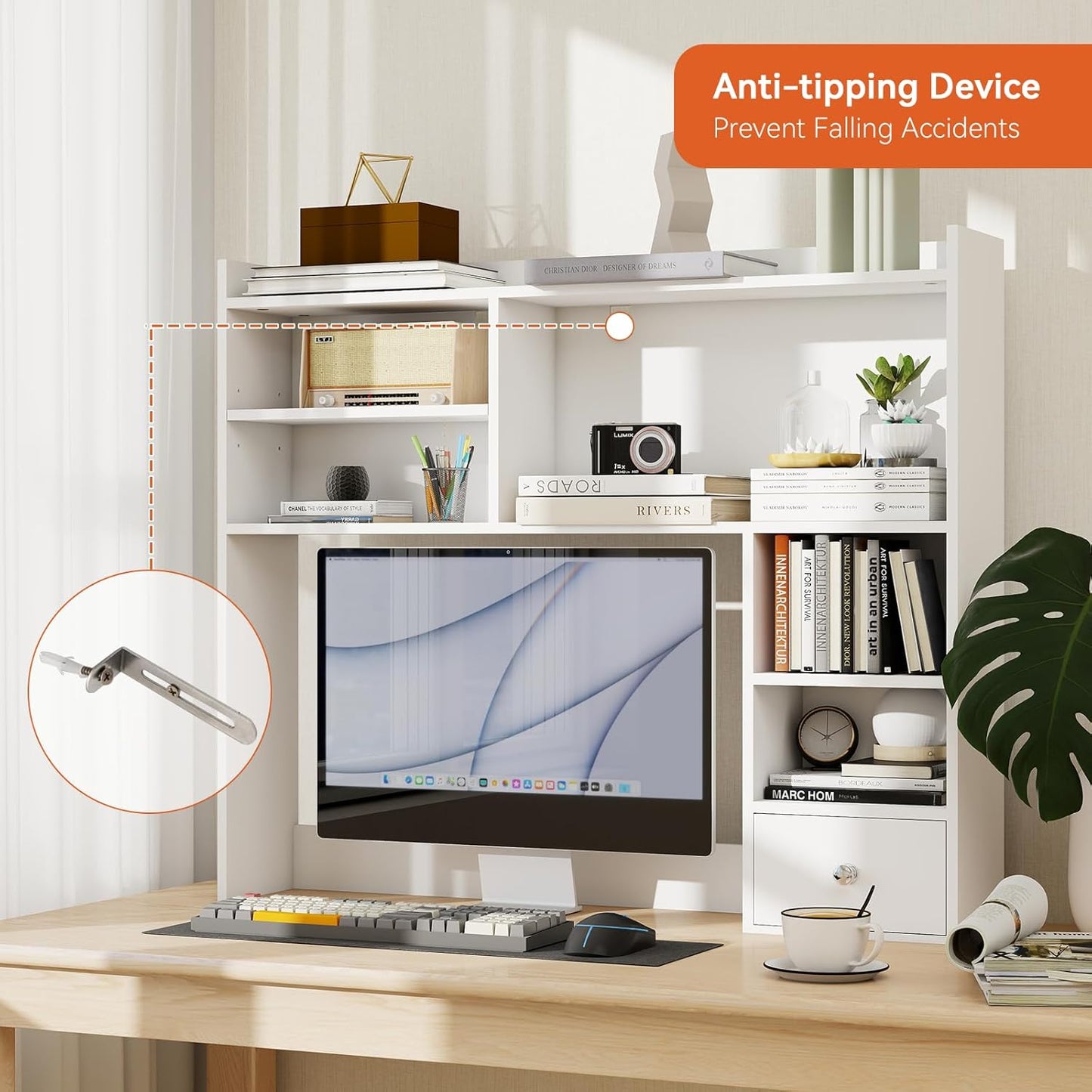 ELECWISH Desktop Bookshelf, Desk Shelf with Drawer for Computer Desk, 35.04" 6-Tier Adjustable Desktop Hutch Organizer for Home Office, White