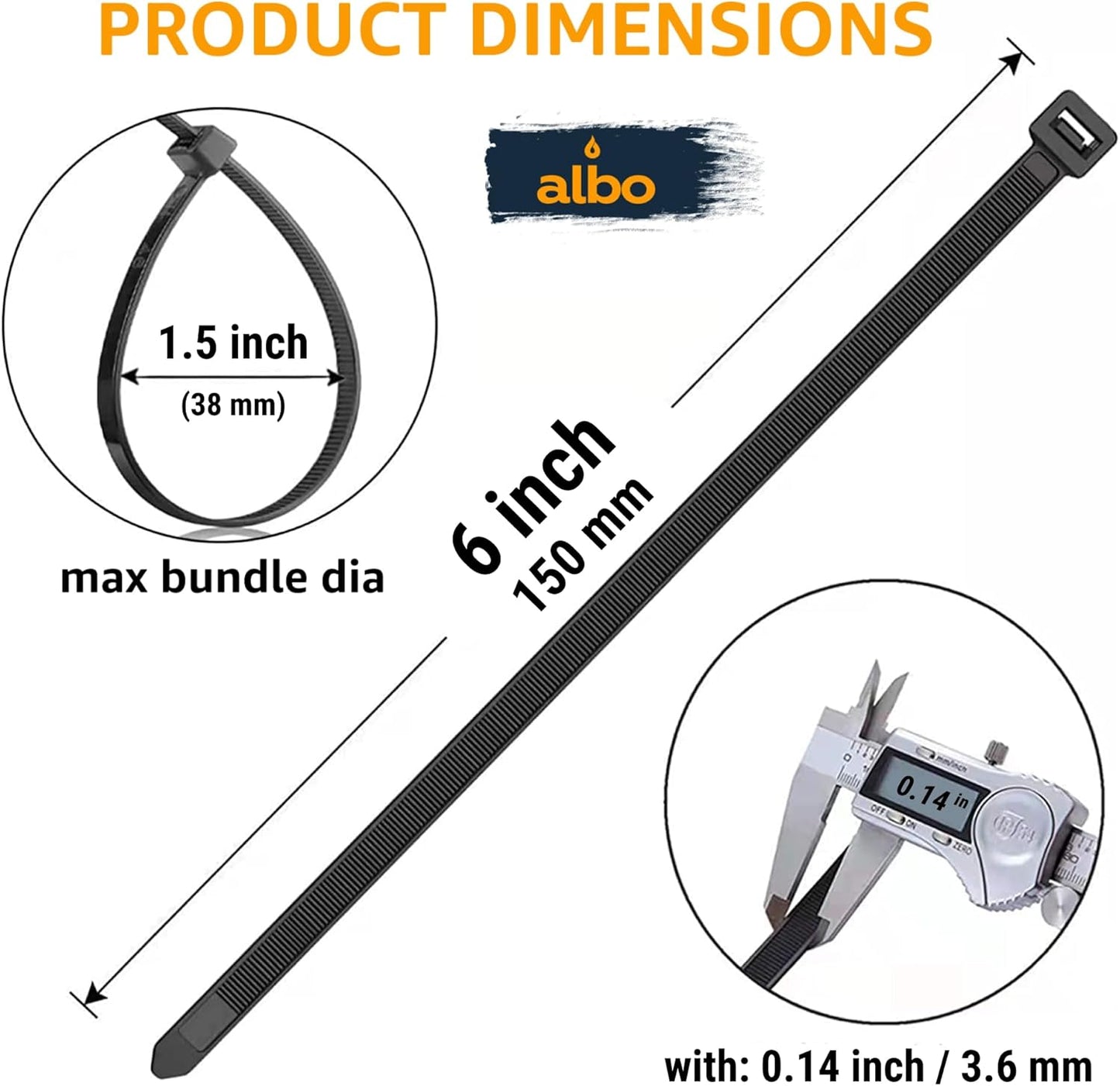 ALBO Zip Ties Black 6 Inch 1000 Pack 40 lb, Long Plastic Cable Ties Thick 0.14 Inch Tie Wraps Heavy Duty UV Resistant Nylon Wire Ties for Indoor and Outdoor