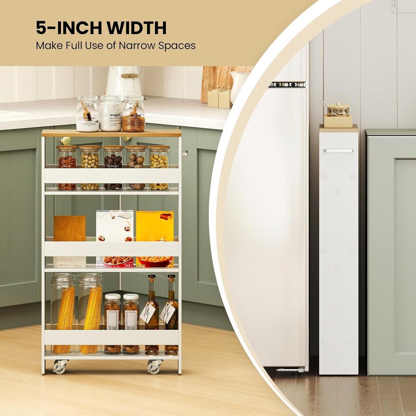 Small Kitchen Cart, 4-Tier Slim Rolling Island w/Handle, Laundry Room Storage Organizers Between Washer and Dryer, Narrow Spice Rack on Wheels Next to Fridge (White & Natural, 5'')
