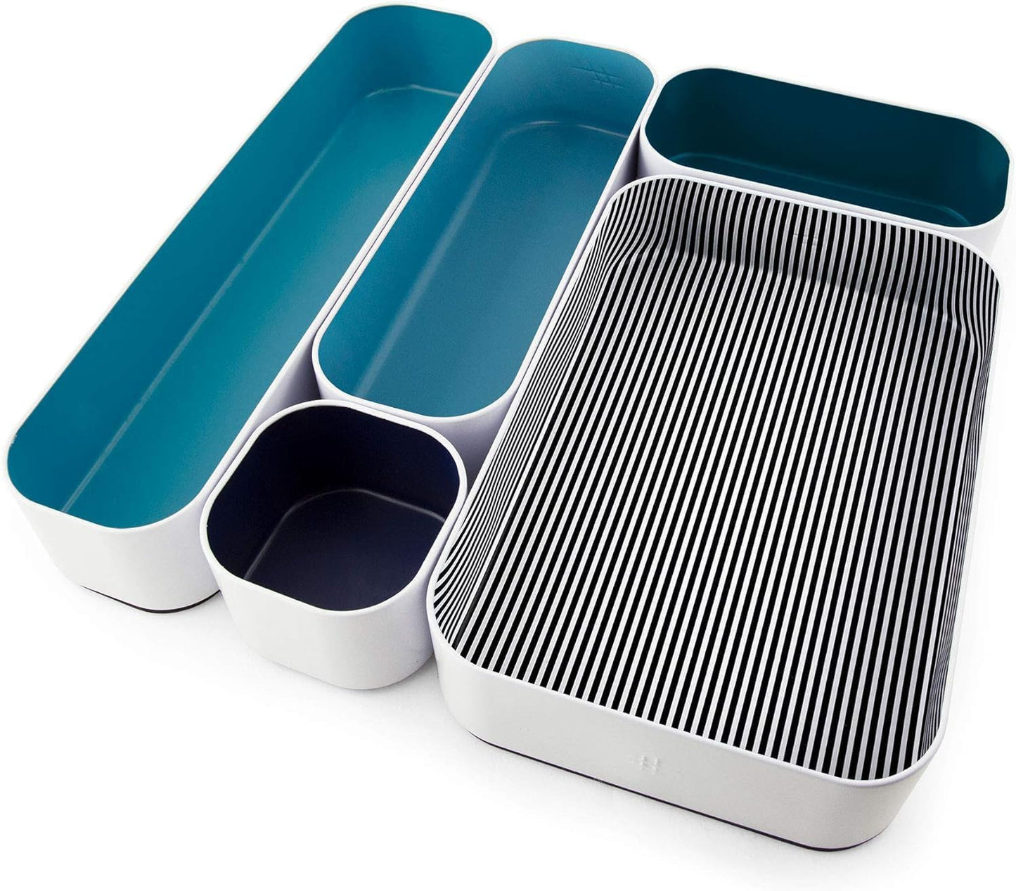Three by Three Seattle 5 Piece Metal Organizer Tray Set for Storing Makeup, Stationery, Utensils, and More in Office Desk, Kitchen and Bathroom Drawers (2 Inch, Assorted Blue and Stripes)