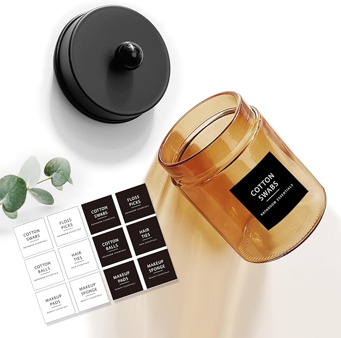 Amolliar Amber Yellow Apothecary Jar With Metal Lid & Waterproof Labels, Qtip Holder Dispenser for Cotton Swabs, Balls, Makeup Pads, Floss Picks, Countertop Bathroom Storage Canister, Black 1 Pack