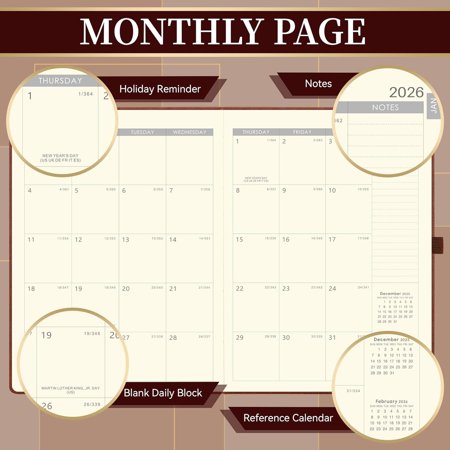 Vondafe 2026 Planner - Weekly and Monthly Planner 2026, Jan.2026 - Dec.2026, 9" x 11", 2026 Calendar Planner with Inner Pocket + Elastic Closure + Pen Loop + Bookmarks, Leather Hardcover - Brown