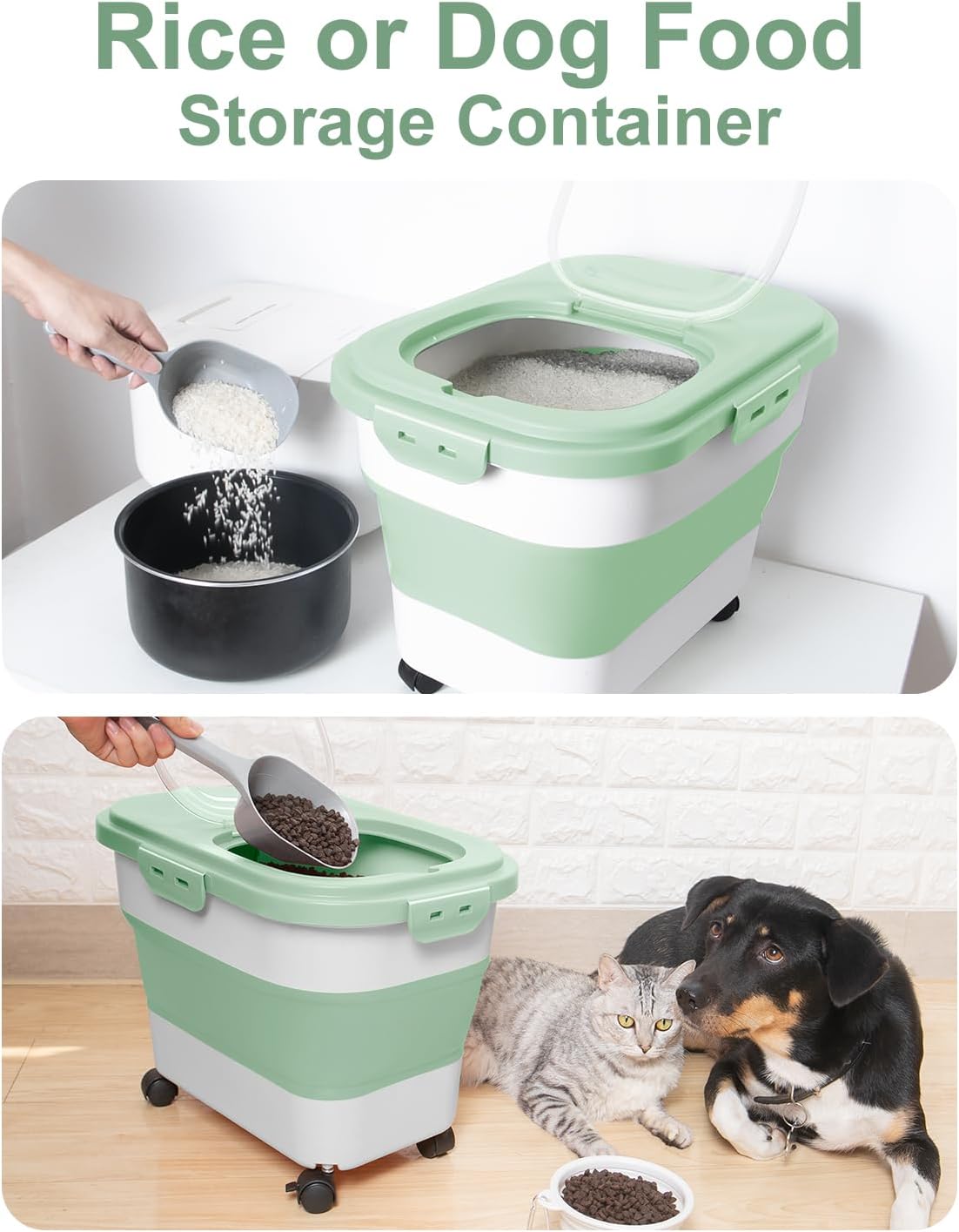 20-30 Lbs Rice Storage Container,Collapsible Food Storage Containers with Rolling Wheel Airtight Locking Lid,Flour Storage Container with Cup and Scoop,Suitable for Food,Rice,Pet Food,Flour