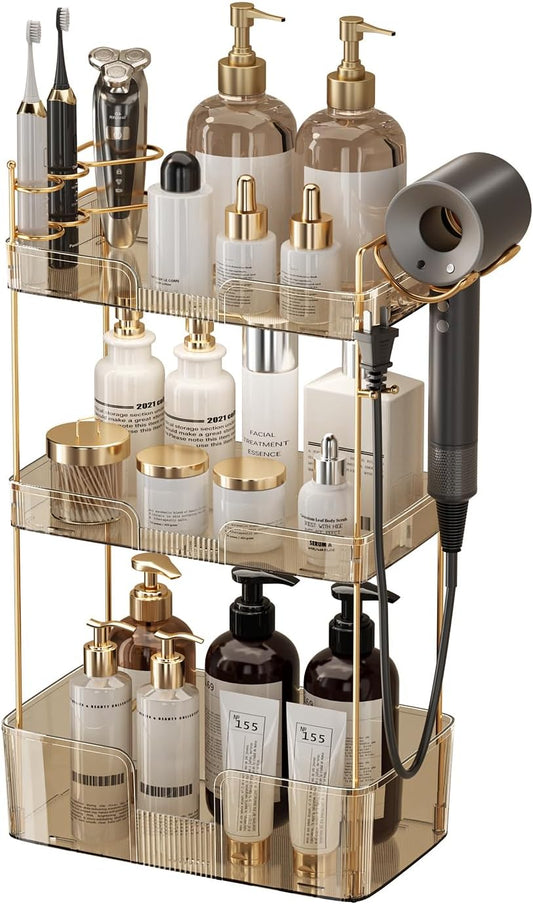 3 Tier Bathroom Organizer Countertop Makeup Perfume Tray Skincare Organizer Comes with Hair Dryer Rack and Toothbrush Holder for Bathroom Dresser Vanity (Gold)