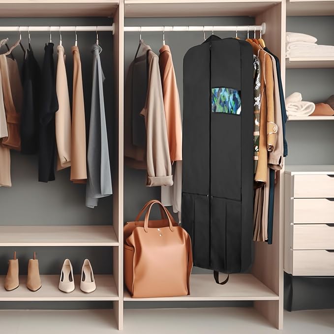 KEEGH Garment Bags for Travel 54" Tri-fold Garment Bag for Dresses Long Suit Bags Dress Bags for Closet Storage Hanging Clothes for Suit Coats Tuxedos Dresses with 4 Big Pockets, Black