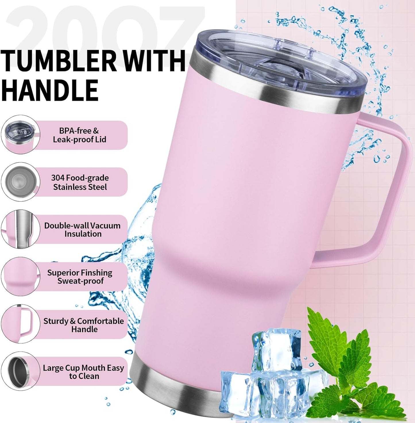 20oz Insulated Tumbler with Handle Stainless Steel Travel Coffee Mug with Lid and Straw Double Wall Vacuum Leak-proof Reusable Thermal Water Cup for Hot and Cold Drinks (Multicolor-2,4 Pack)