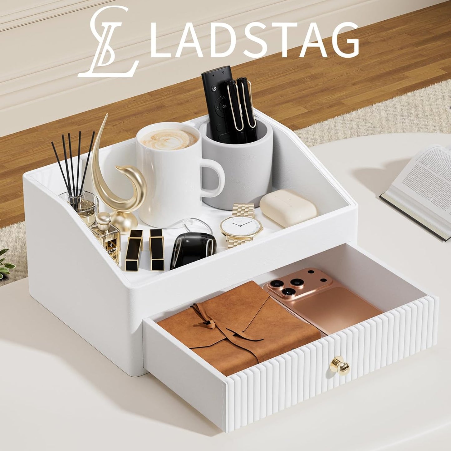 Office Desk Accessories,Beige White Vegan Leather Office Organizer with 1 Drawer & Tray,Pen Holder with Gold-Tone Metal Accents Knob for End Tables,Bedside Table,Bedroom.