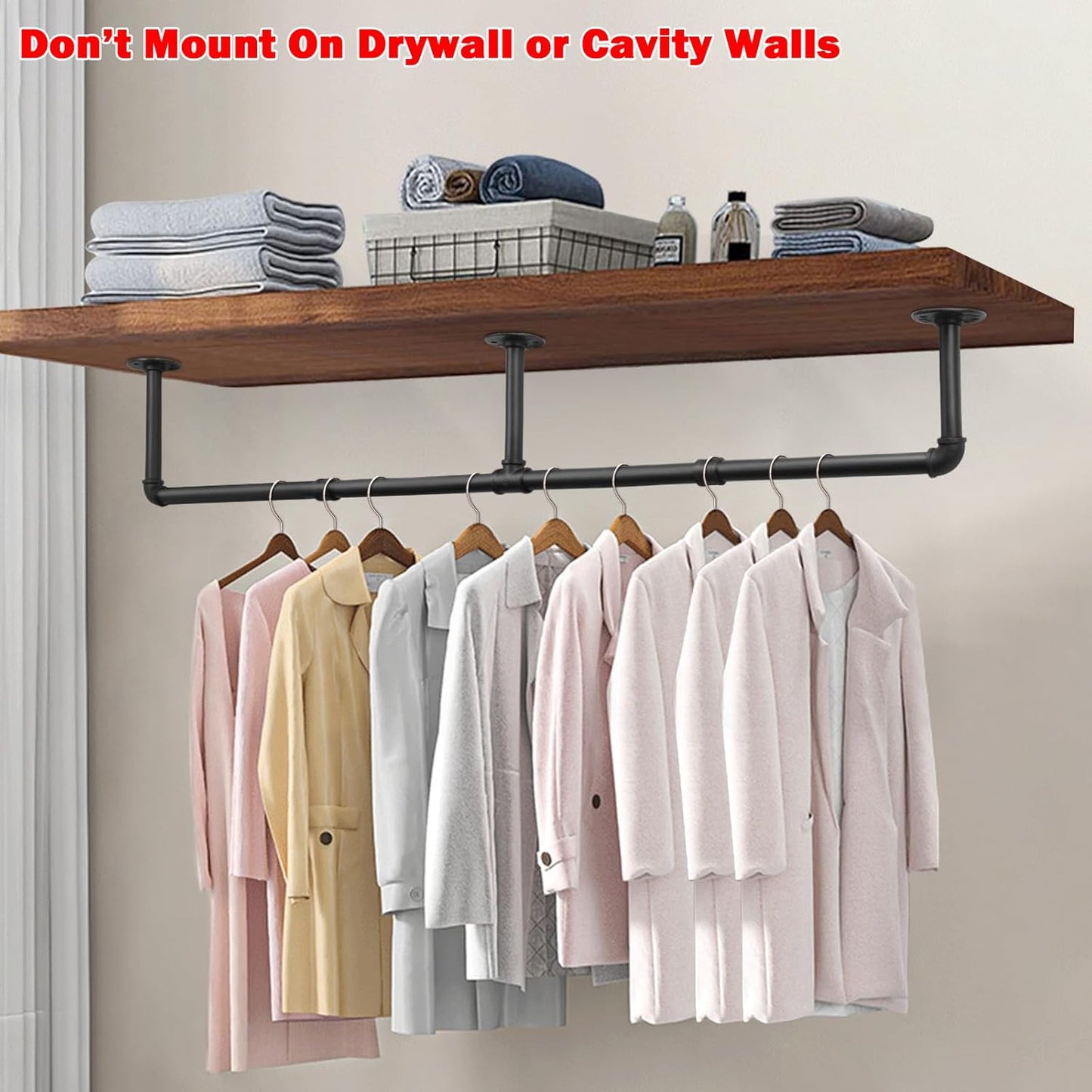 Livabber Industrial Pipe Clothes Rack, Heavy Duty Detachable Iron Garment Rack Wall Mounted, Rustic Saving Space Clothes Bar Multi-Purpose Hanging Rod for Bedroom, Closet, Black (60 Inch)