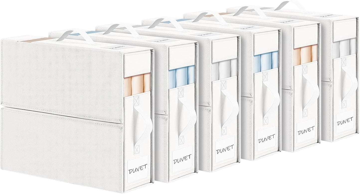DIMJ Bed Sheet Organizers and Storage 6 Pack - Foldable Sheet Organizer for Linen Closet, Bedding Storage Box for organization, Sheets Set Holder for Blanket, Towel (King & Queen Size), White