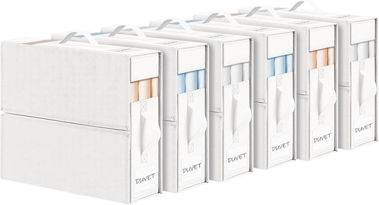 DIMJ Bed Sheet Organizers and Storage 6 Pack - Foldable Sheet Organizer for Linen Closet, Bedding Storage Box for organization, Sheets Set Holder for Blanket, Towel (King & Queen Size), White