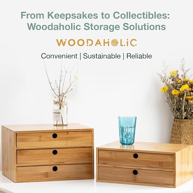 Set of 3 Bamboo Organizer Desktop Drawers - 1, 2, 3 Drawer Storage Organizer Ideal for Desk Accessories, Office Supplies, Makeup Storage & More - Tabletop Wood Box Stackable Drawers