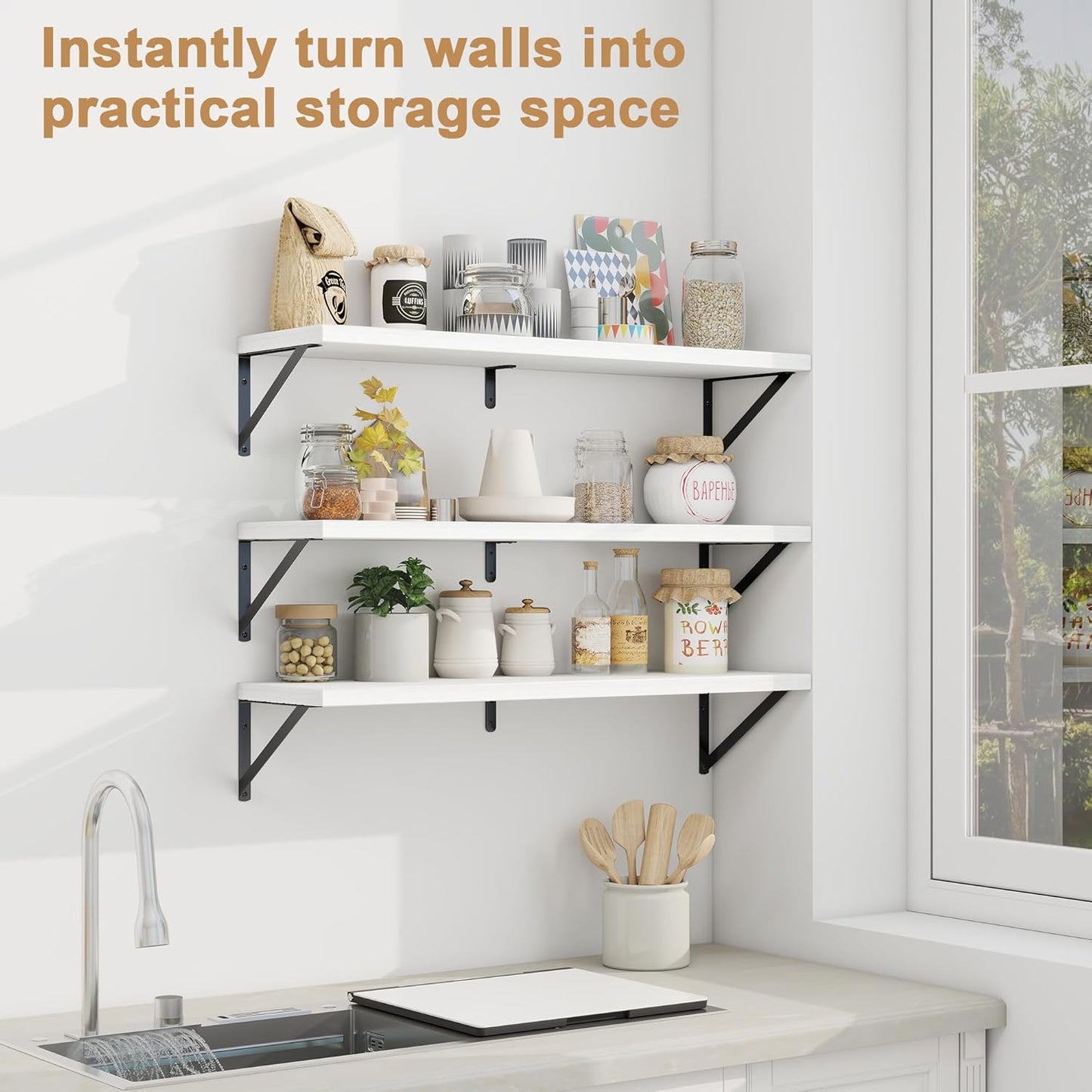 Fun Memories Floating Shelves for Wall, 36 Inches Long Set of 3 Wall Shelves for Bedroom, Floating Bookshelves with Metal Brackets for Living Room, Kitchen, Bedroom and Laundry Room (White)