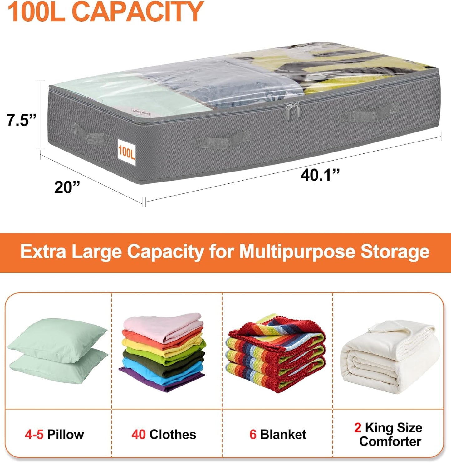 punemi Under Bed Storage Containers with Lid, 2 Pack Large Soft Foldable Storage Bags for Clothes, Coats, Sweaters, Blankets, Water-Resistant Inner Layer, 20x40x7.5 in, Perfect for Apartments and RV