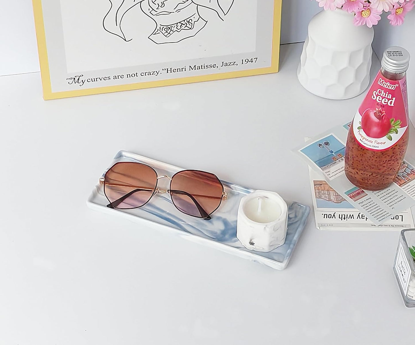 9.2" Porcelain Small Bathroom Tray, Ceramic Countertop and Vanity Tray for Cosmetics, Perfume, Jewelry, Candle - Soap Tray for Kitchen Counter (Blue)