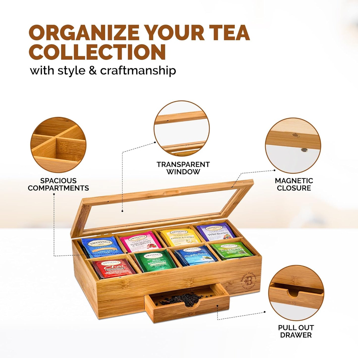 Tea Bag Organizer - Bamboo Tea Box Organizer Storage Box, Tea Bag Holder with Drawer & Acrylic Window, Magnetic Lid Keeps Tea Bags Fresh - Tea Organizer Caddy (Tea Not Included) Ideal Christmas Gifts