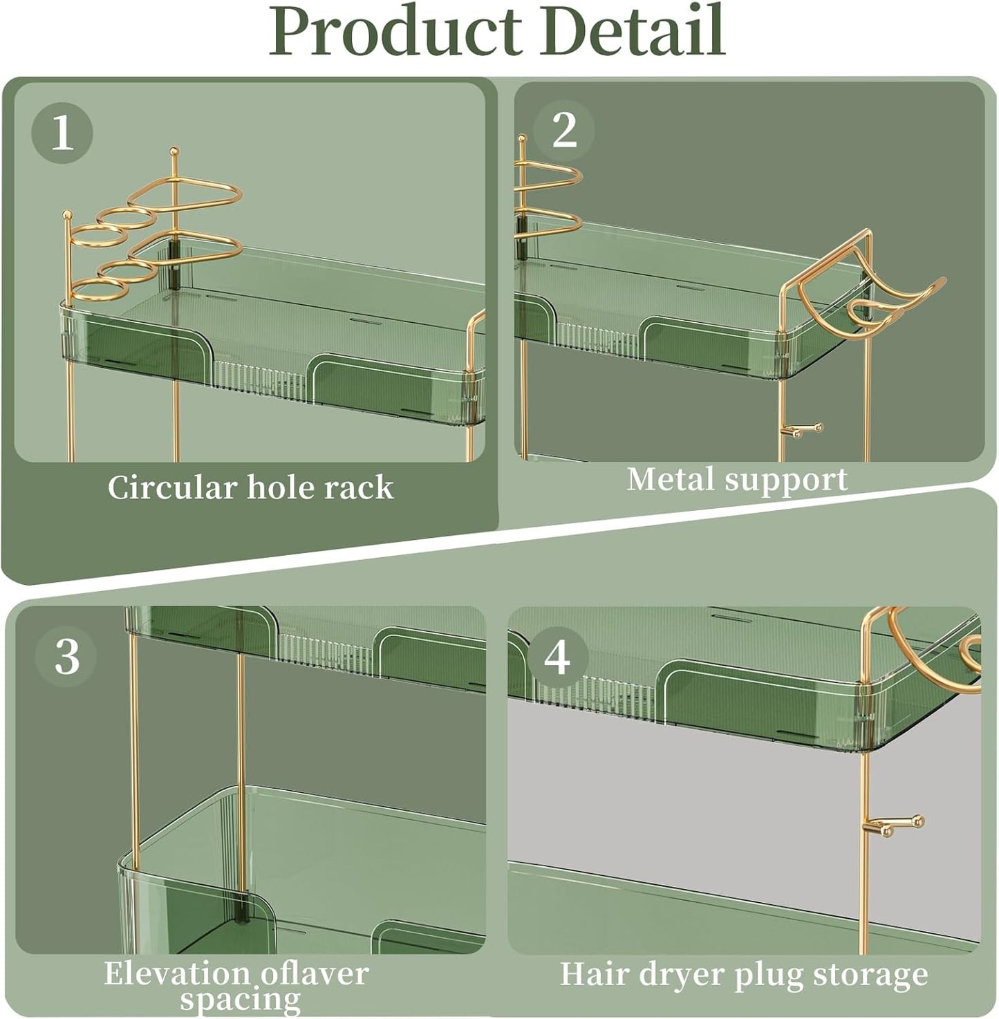 3 Tier Bathroom Organizer Countertop Makeup Perfume Tray Skincare Organizer Comes with Hair Dryer Rack and Toothbrush Holder for Bathroom Dresser Vanity (Green)