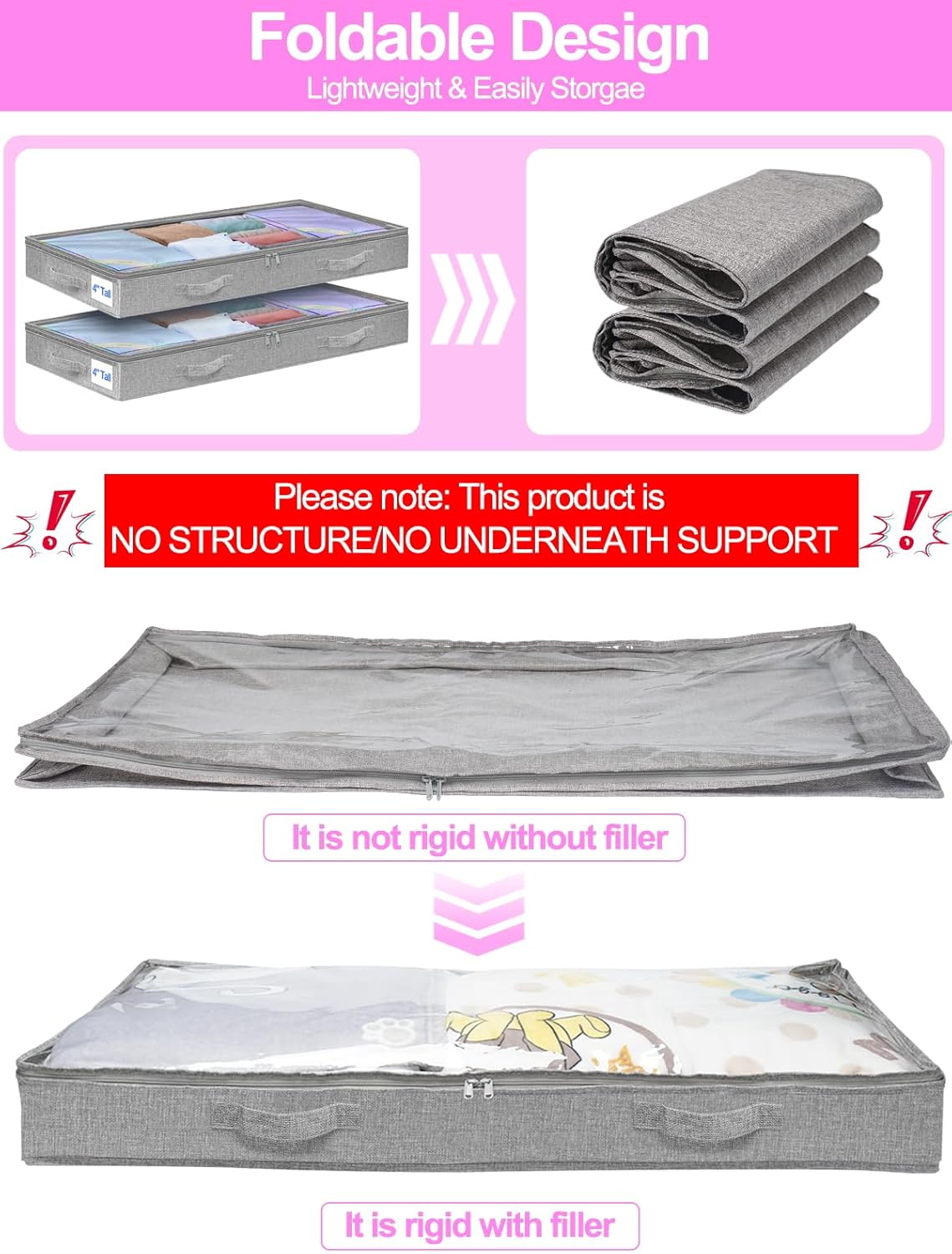 punemi Under Bed Storage Containers, Below 4 Inches Tall Low Profile Underbed Storage, NO STRUCTURE, Soft Foldable Underbed Cloth Storage Bags, Zipper Blanket Storage Container, 2Pack, 20x40x3.7in