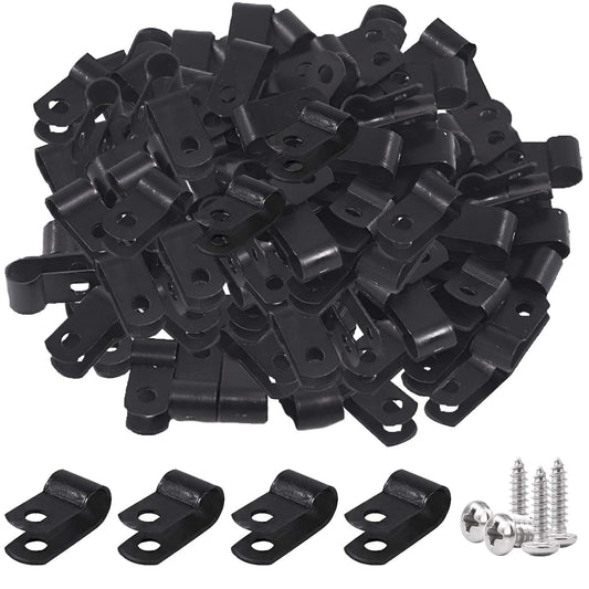 Glarks 60Pcs 1/4 Inch Black Nylon Screw Mounting R-Type Cable Clip Wire Clamp Kit with Screws for Wire, Conduit and Cable Conduit