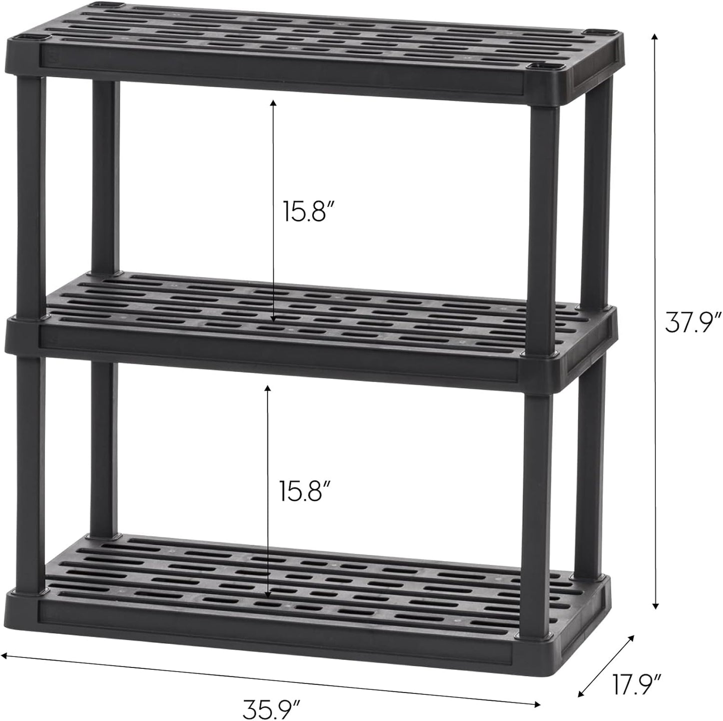 IRIS USA 3-Shelf Heavy Duty Plastic Storage Shelves, 450lb Capacity, 38"H x 36"W x 18"D, Large Modular Shelving Unit Storage Organizer for Garage, Home, Warehouse & Gym, Storage Rack - Black