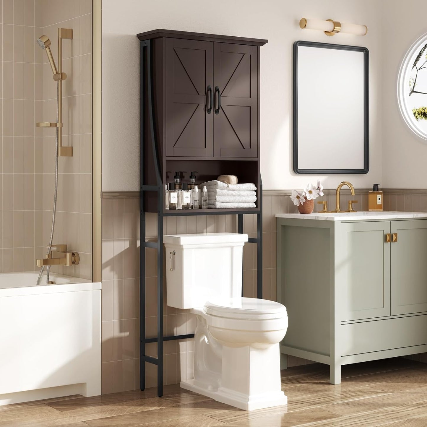 Over The Toilet Rack for Bathroom, Over The Toilet Storage Cabinet, Over Toilet Bathroom Organizer with Double Barn Doors Space Saver Rack Above Toilet Storage Cabinet (Espresso)