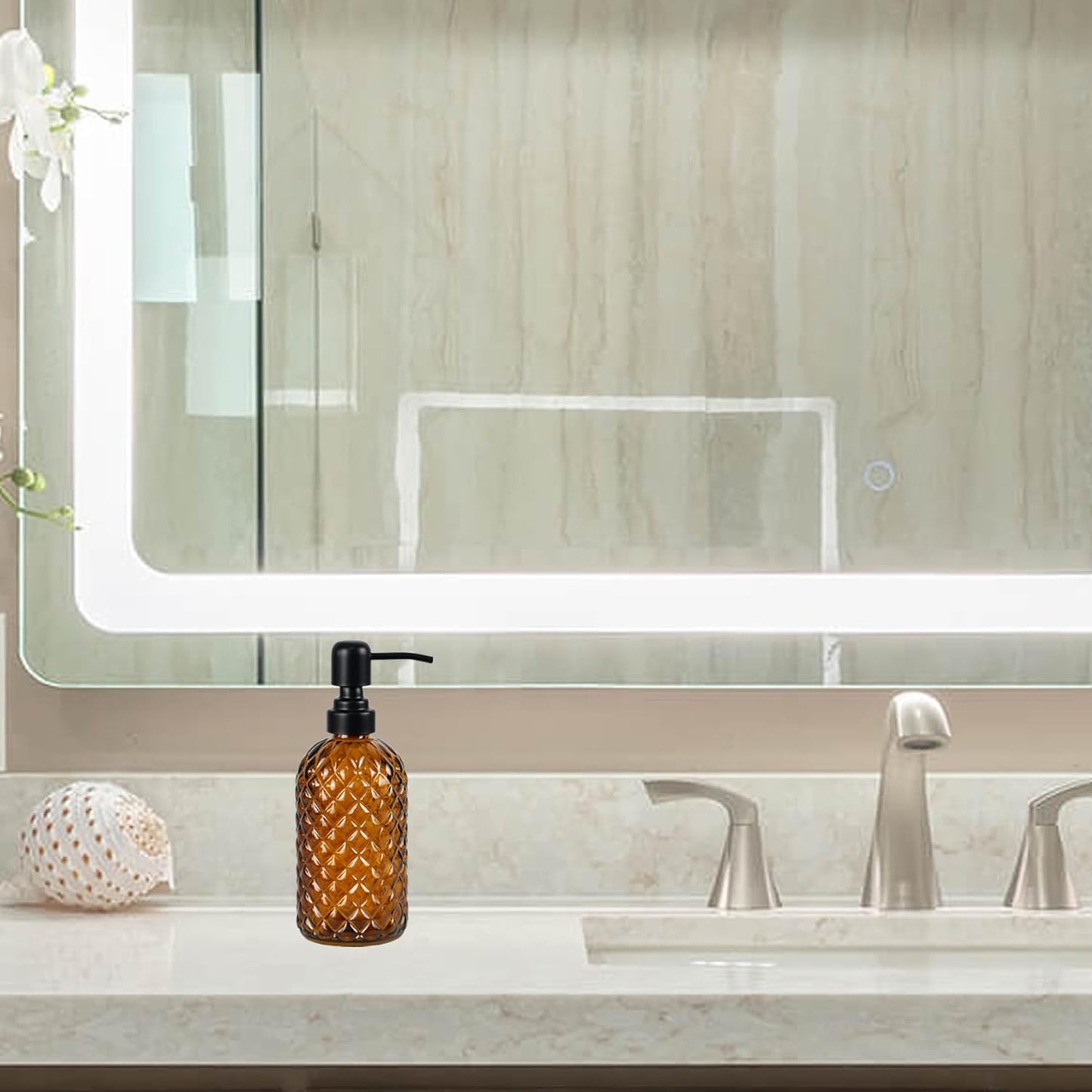 12Oz Glass Soap Dispenser with 304 Black Rustproof Stainless-Steel Pump, Refillable Glass Soap Dispenser for Kitchen, Bathroom, Farmhouse (Amber)