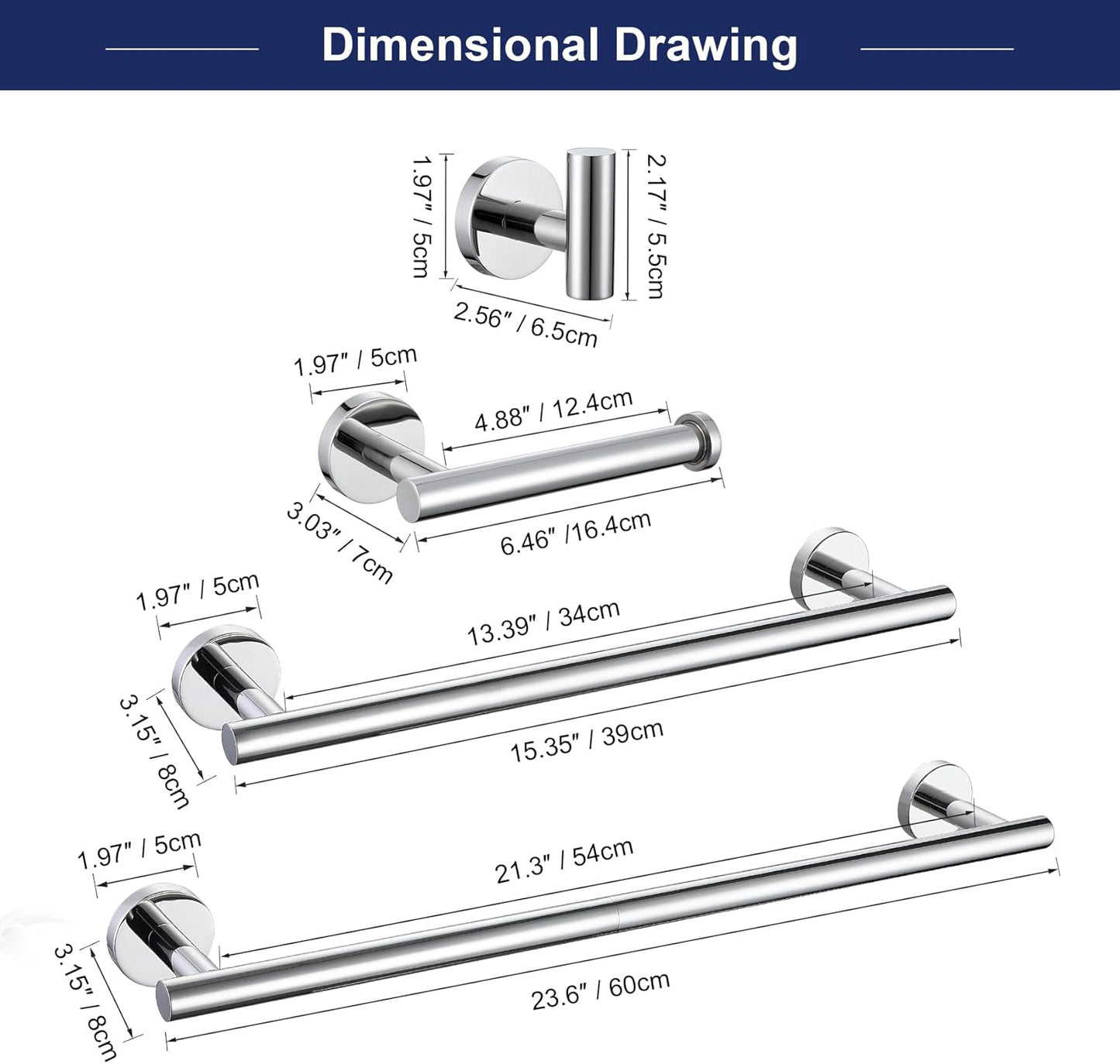 5 Pieces Bathroom Hardware Set, 23.6-inch+15.35-inch Bathroom Towel bar SUS304 Stainless Steel Bathroom Towel Bar Set Polished Chrome
