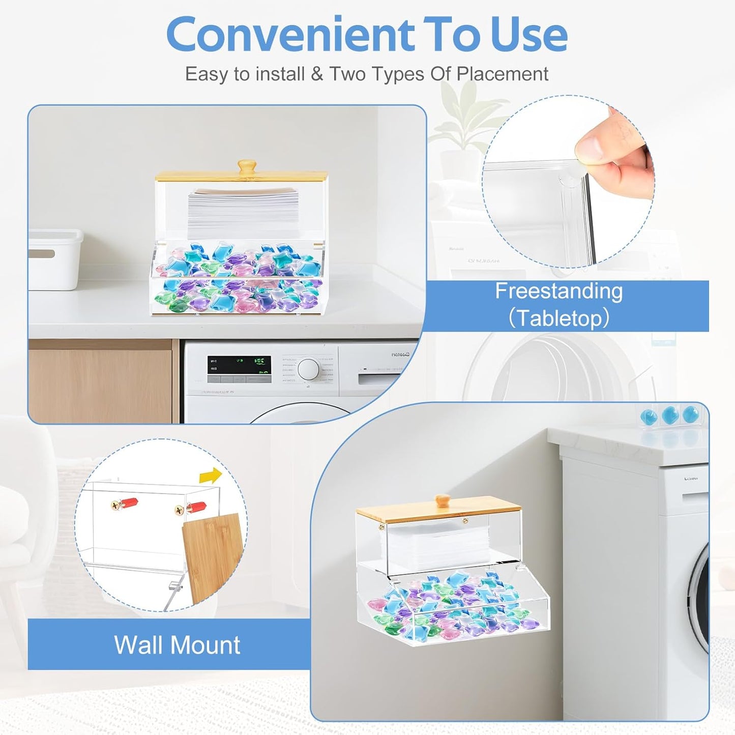 JYPS 2-in-1 Laundry Organizer with Large Capacity: Double-Layer Transparent Acrylic Storage Box with Bamboo Lid for Pods, Dryer Sheets & Supplies
