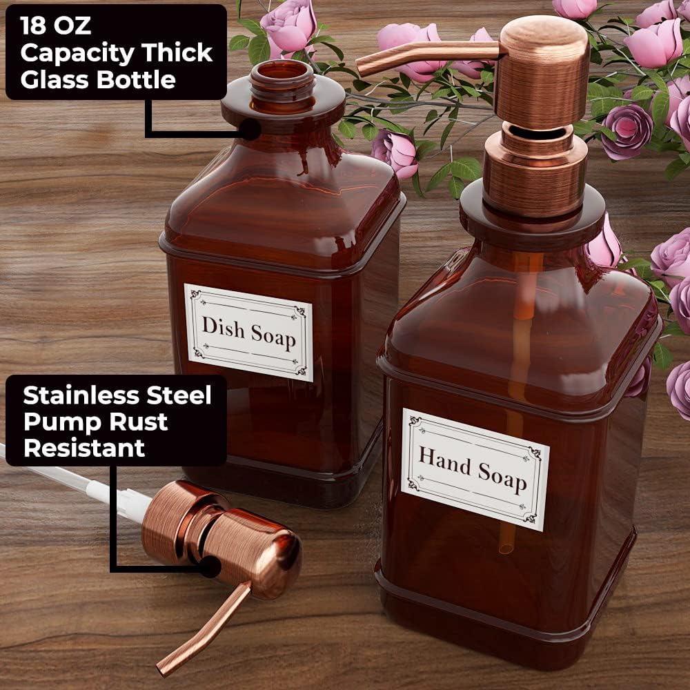 GLADPURE Soap Dispenser 2 Pack, Hand Soap Dispensers with 18 Oz Antique Design Thick Amber Glass Bottle, 316 Rust Proof Stainless Steel Pump, 6Pcs Stickers, for Lotion, Soap - Brushed Copper