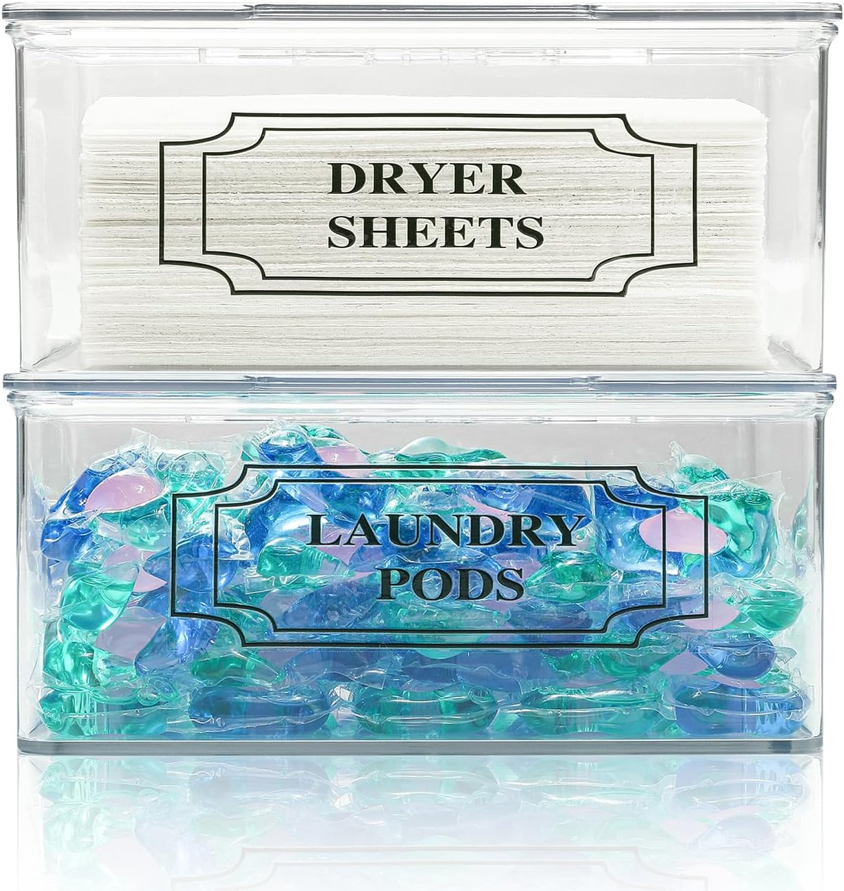SSTATES Clear Acrylic Dryer Sheets Holder, Flip-top Laundry Pods Container with 2 Label Decals for Laundry Room Organization and Décor, Stackable Storage Box (2 Pack)