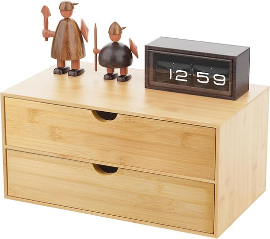 Neando Bamboo Desk Organizer with 2 Drawers, Wooden Countertop Drawers Organizer, Tabletop Storage Organization Box for Office & Home, No Assembly Needed