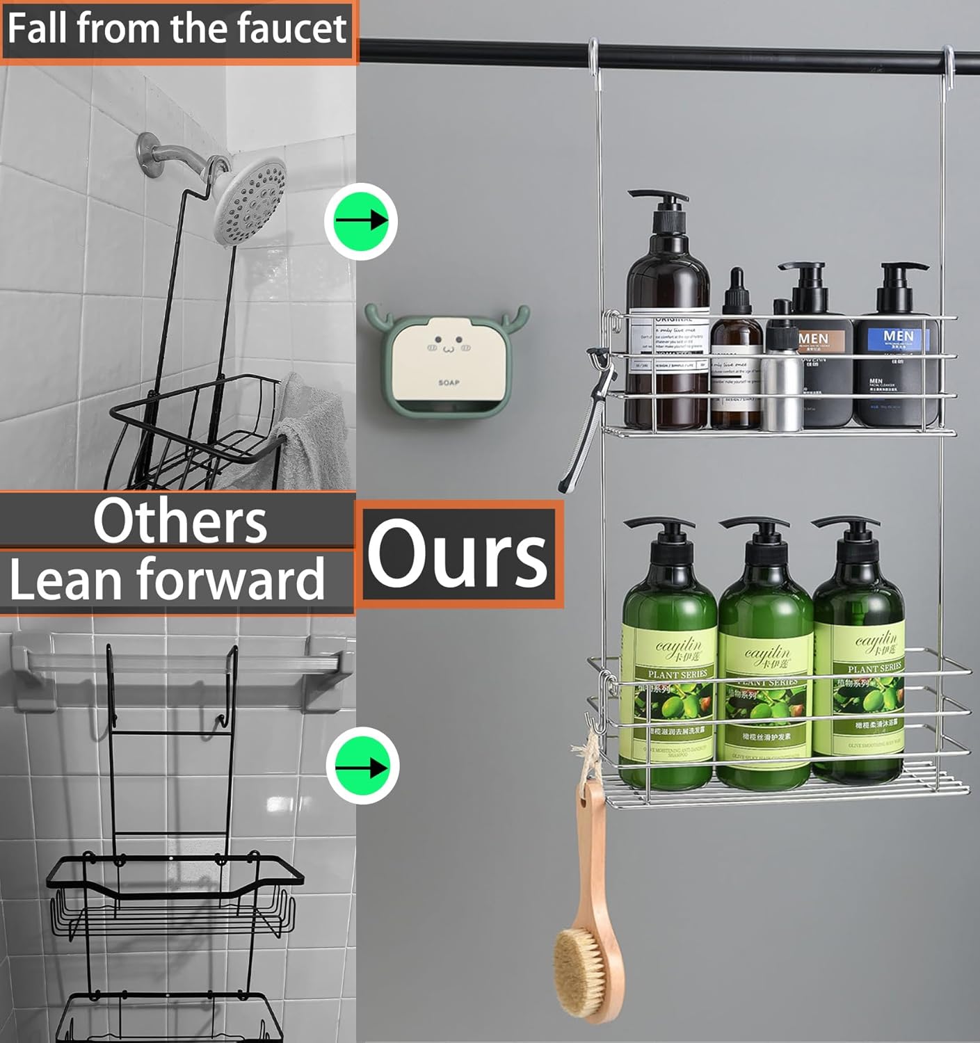 Hanging Shower Rack Shower Caddy with Rotatable Hook bar Over the Door and Can be Hung on the Faucet or Claw Foot, 304 Stainless Steel Rust Proof and Durable (Double-Layer)