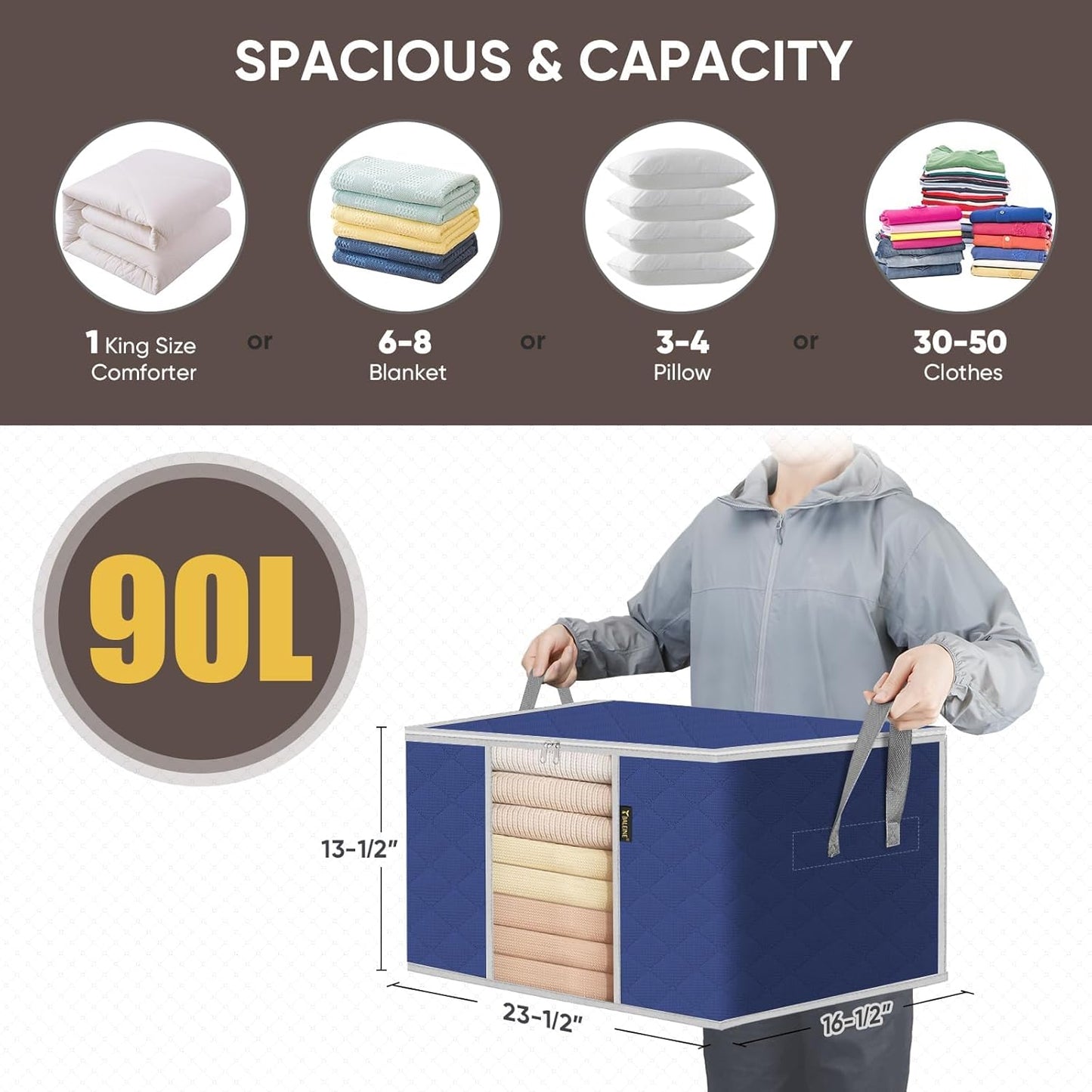 BALEINE 3 Pack Clothes Storage Bags, 24 Gallon Storage Containers with Reinforced Handle, Sturdy Zipper, Closet Organizer for Blanket, Comforter, Pillow, Bedding (Blue, 3 Pack)