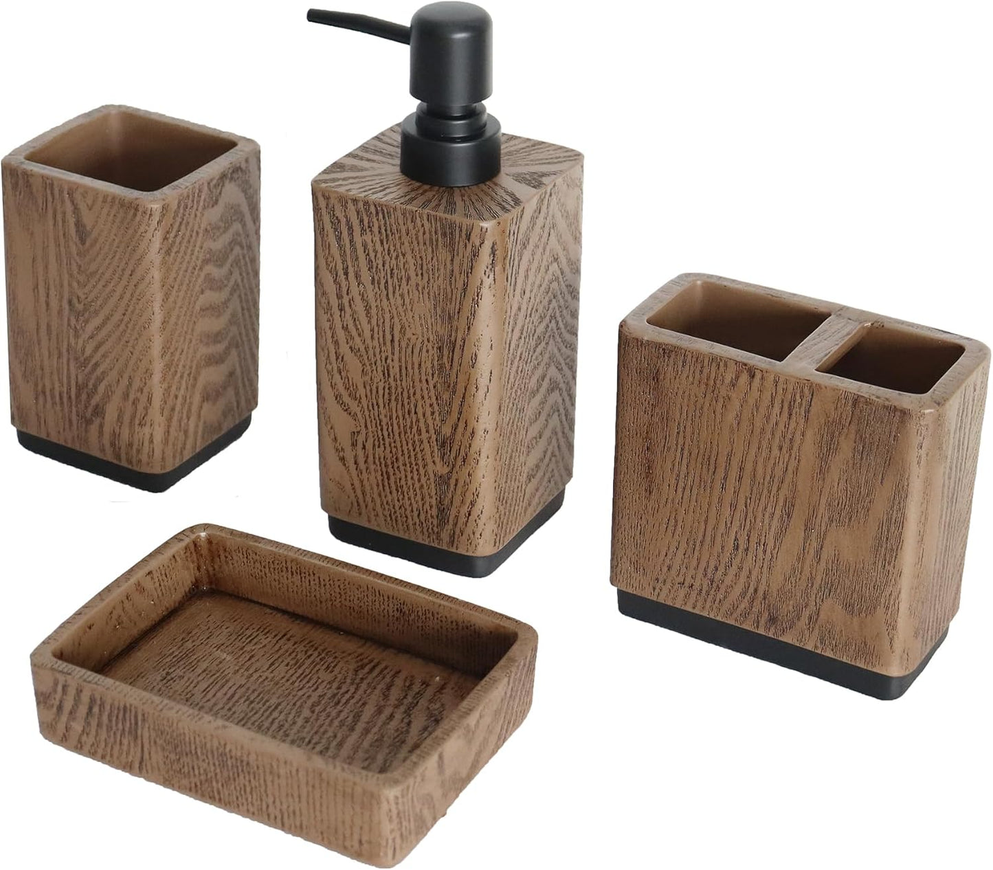 Hymmah Wood Grain Design Bathroom Accessories Set,Farmhouse Bathroom Decor,4 Pcs Resin Gift Set Apartment Necessities, Contain Cotton Swab Jar,Soap Dispenser,Tumbler，Soap Dish/Tray