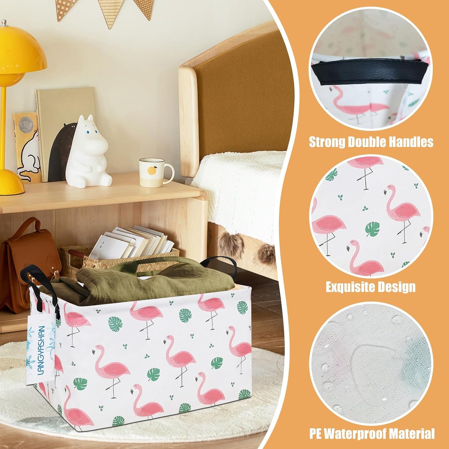 LANGYASHAN Rectangular Storage Bin Collapse Canvas Fabric Cartoon Storage Basket with Handles for Organizing Home Kitchen Boys and Girls Toys Office Closet Shelf Baskets(Rec Leaf Flamingo)