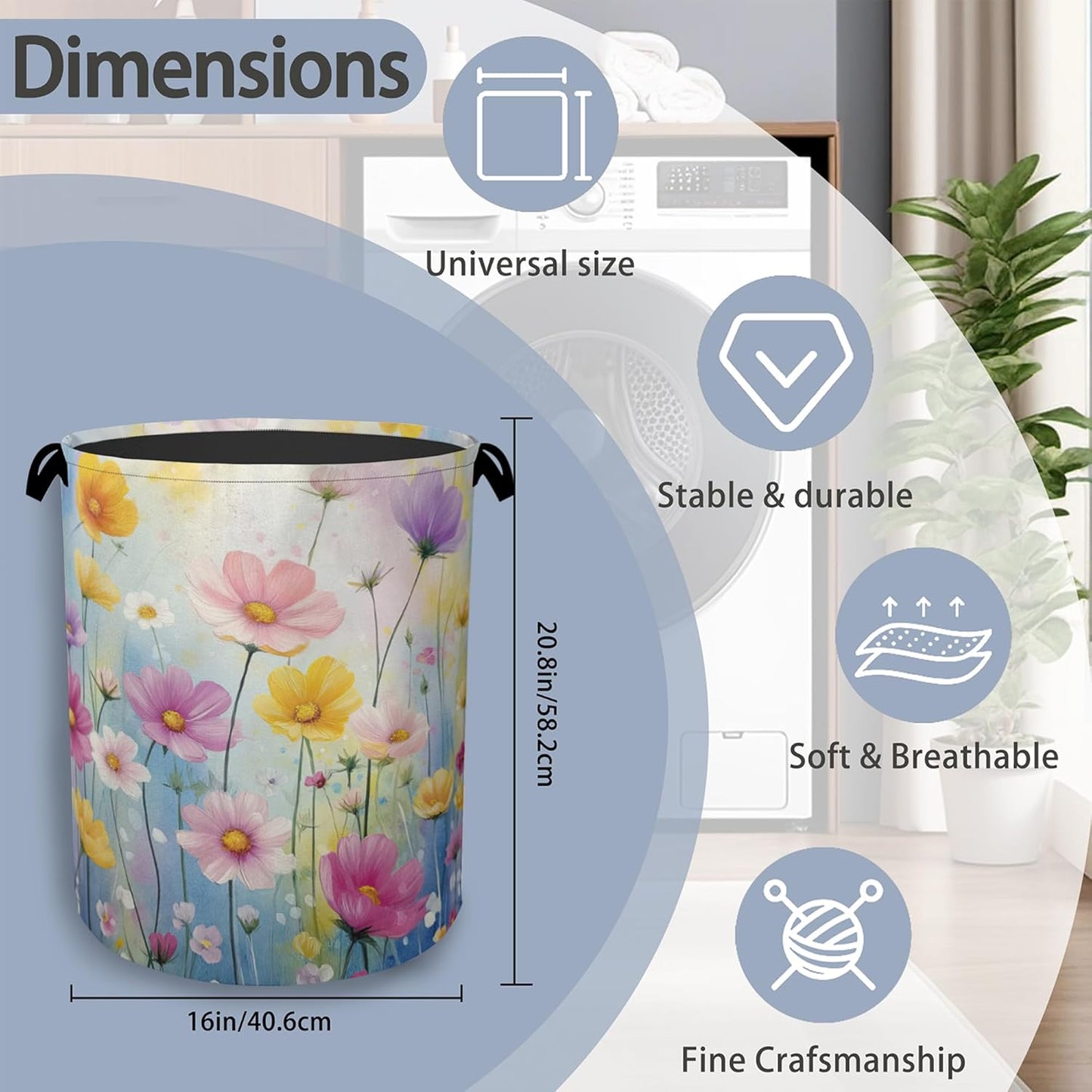 Retro Flowers Floral Laundry Hamper,Dirty Clothes Laundry Basket with Handles Waterproof Oxford Cloth Storage Basket for College Dorms Bathroom Bedroom 16" x 20.8"