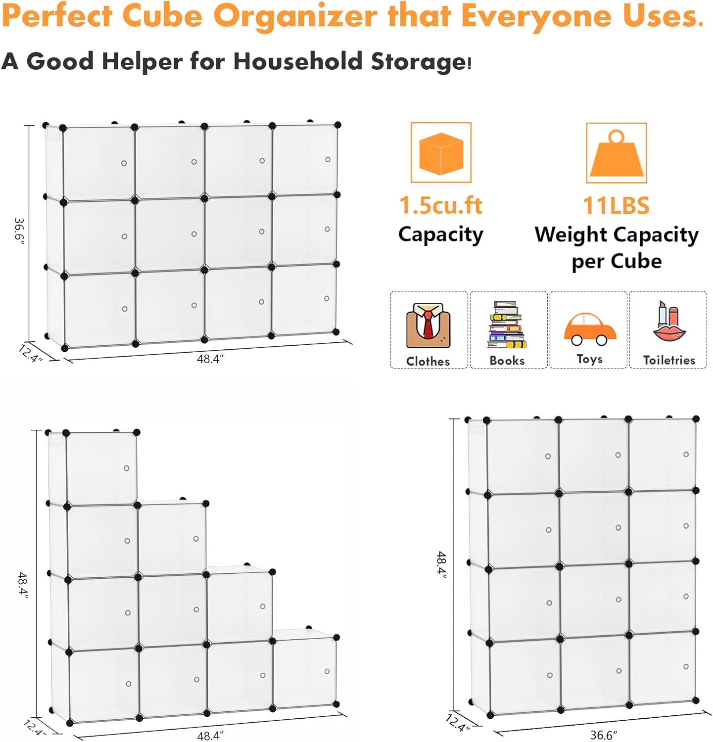 C&AHOME Cube Storage Organizer with Doors, 12-Cube Shelves, Closet Cabinet, DIY Plastic Modular Bookshelf Ideal for Bedroom, Living Room, 36.6”L x 12.4”W x 48.4”H Transparent White USHS3012W-DOOR