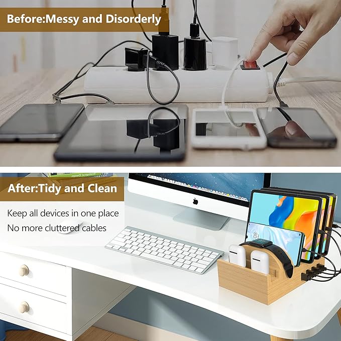 Bamboo Charging Station for Multiple Devices,15W Fast Wireless Charger Night Light with 3 Color & 4 Adjustable Brightness,Night Stand Charger Station Compatible with Phone/Watch/Air-Pods with Adapter