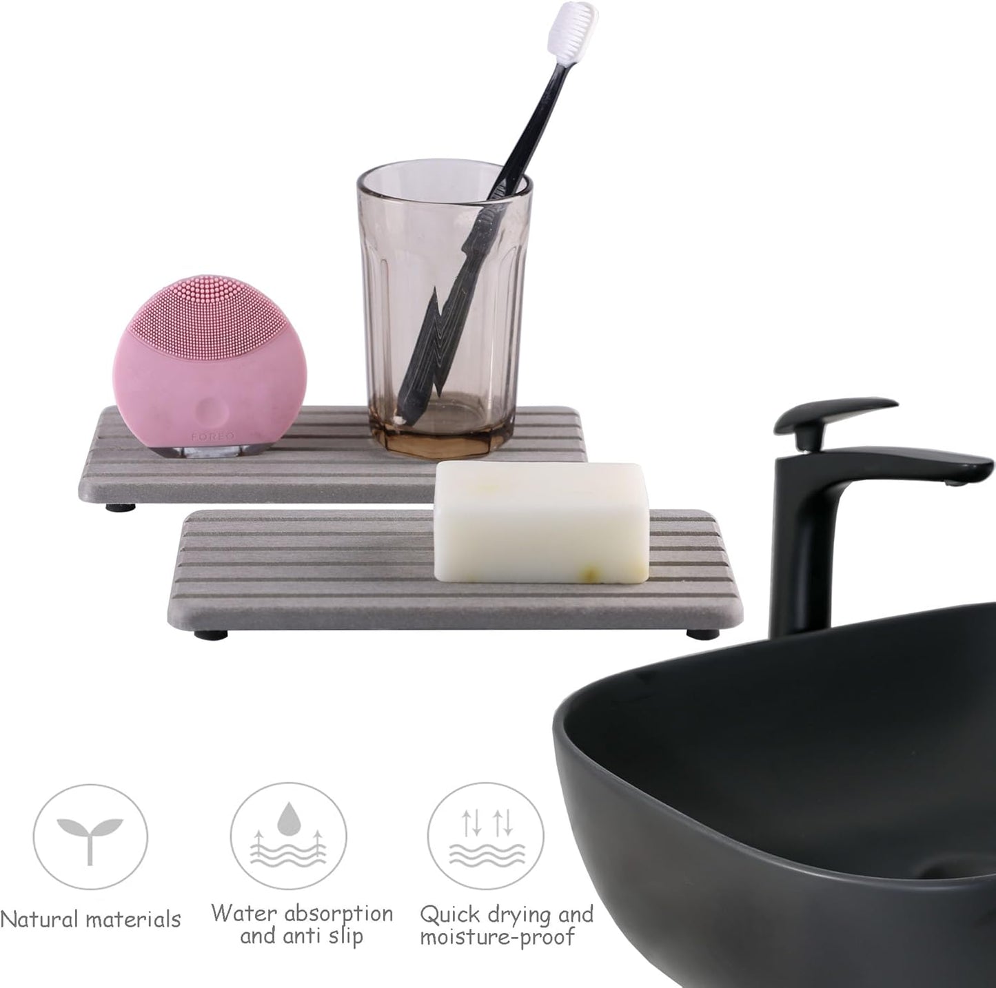 2 PCS Water Absorbent Diatomite Coasters Rectangle, Grooved Design, Water Absorbing Stone Used for Hand Soaps & Plants & toiletries in The Modern Home