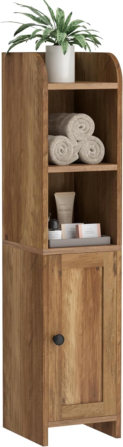 Homhedy Small Bathroom Storage Corner Floor Cabinet with Door and Shelves, Beside The Toilet Paper Stand for Skinny, Narrow Toilet Paper Cabinet, 7.9" D x 7" W x 31" H, Rustic Walnut