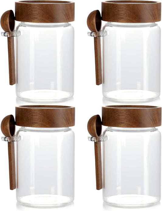 4 Pack 15 oz/450 ml Glass Storage Canister with Airtight Wooden Lid, Clear Small Decorative Container Jar with Spoon for Salad Overnight Oats Snacks Yogurt Cereal Fruit Spice Sugar Coffee