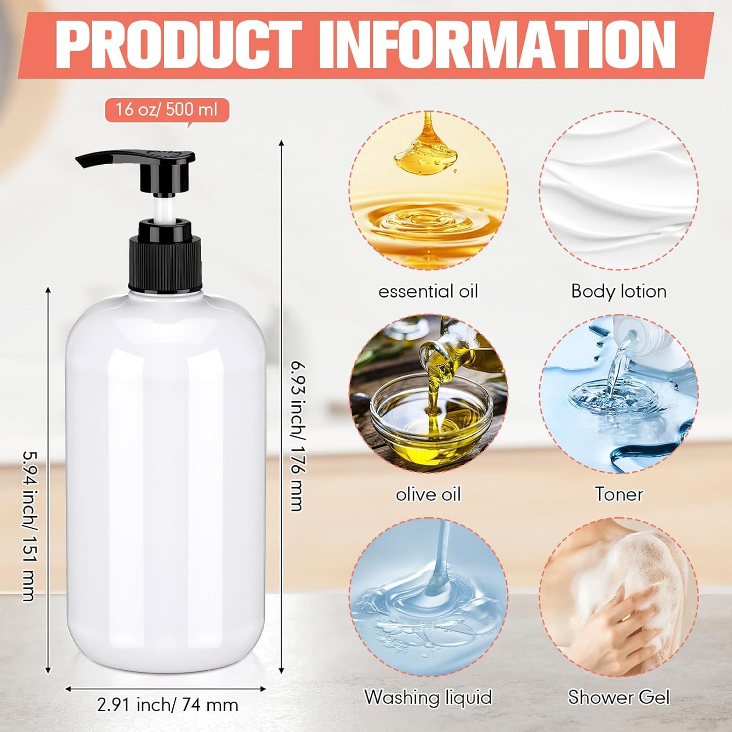 8 Pcs Plastic Pump Bottles Empty Lotion Bottle with Pump Refillable Dish Soap Dispenser Portable Hand Soap Dispenser Shampoo Lotion Container for Oil Liquid Soap(White,16 oz)