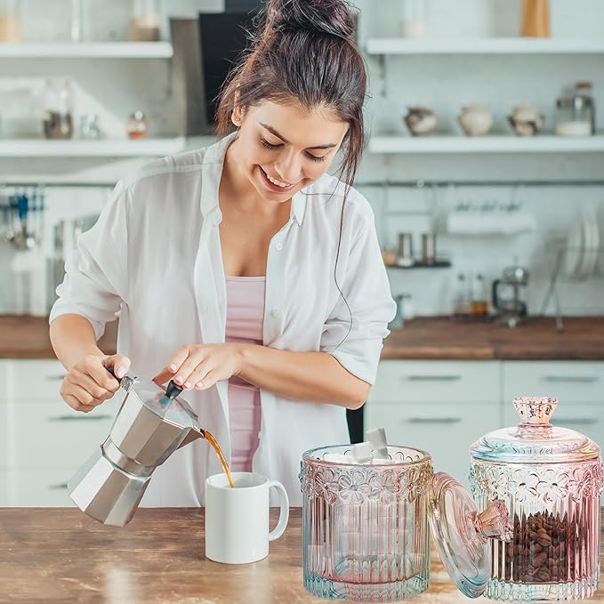 rejomiik 2 Pack Qtip Holder Glass Apothecary Jars with Lids Set Bathroom Canisters Dispenser Organizers and Storage for Cotton Swabs, Balls, Pads, Floss Picks, Candy, Rainbow